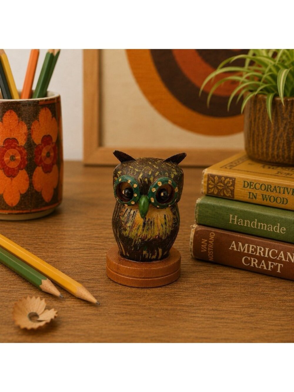 Vintage Hand-Painted Wooden Owl Pencil Shapener Collectible Academia